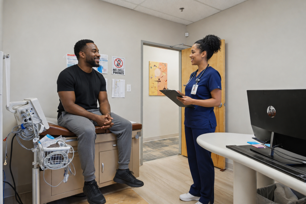 A smiling male patient sits on an exam table talking with a female nurse in blue scrubs holding a clipboard, in a clinic exam room with medical equipment and a computer workstation.